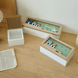 Oceanic Wooden Jewelry Box, Segmented Storage Organizer, Beach Theme Mini House Decor, Desktop Organization Box, 1 Piece