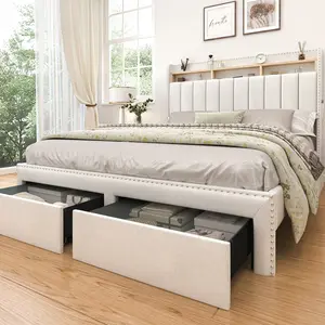 SIBEDS Queen LED Bed Frame with Storage Drawers, Modern Cloud Bed Platform with 2-Tier Linen Upholstered Wingback Headboard, Channel Tufted Rivet Detail, No Box Spring Needed