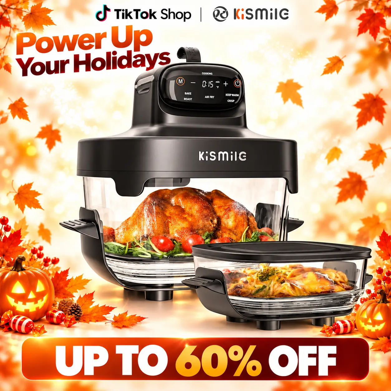 Kismile Multifunctional Cooker - 12-in-1 Kitchen Countertop Oven, 1750W Turbo Heat, 25QT BPA-Free Glass Air Fryer Toaster, DIY Temp & Time, Smart Control, 95% Less Oil Crisp, 1.8QT Small Bowl, Freezer/Dishwasher Safe for Dorms, RVs,techvibes