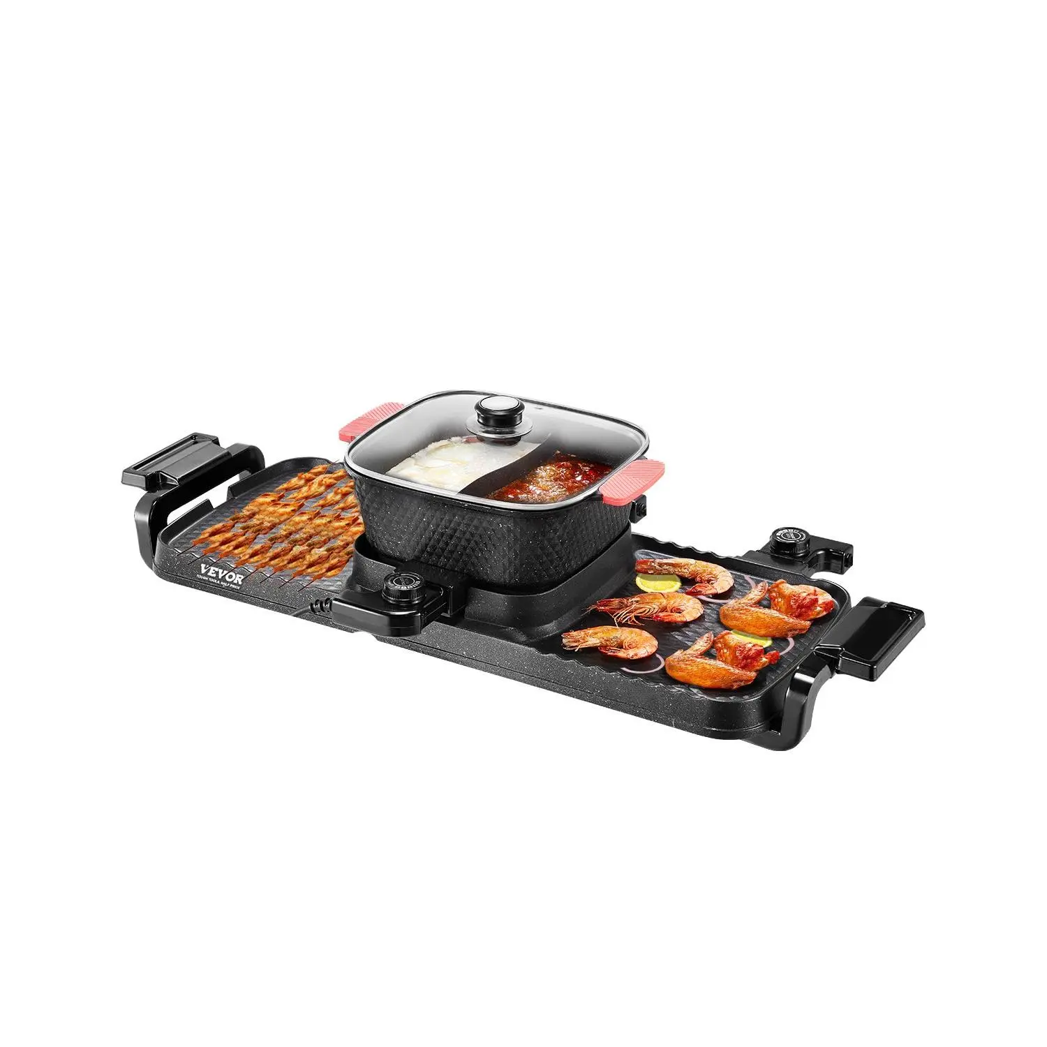 【Summerfinds】VEVOR 2-in-1 Cast Aluminum Electric Smokeless Hot Pot with Grill Pan, 2300W, 3.25L Removable Shabu-Shabu Hotpot, Non-Stick, Dual Temperature Control, 30.31in Grill, 9.06x9.06x3.54in Hot Pot, 9.48lbs, Indoor Korean BBQ for 1-6 People Group Coo