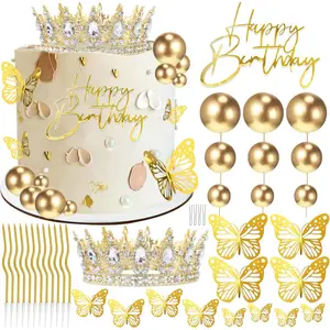 Crown Cake Topper Gold Happy Birthday Cake Toppers Crown Balls Candles Butterflies Corona Para Pastel, Cake Decorations for Women Princess Queen Wedding Party Decorations (Gold, White)