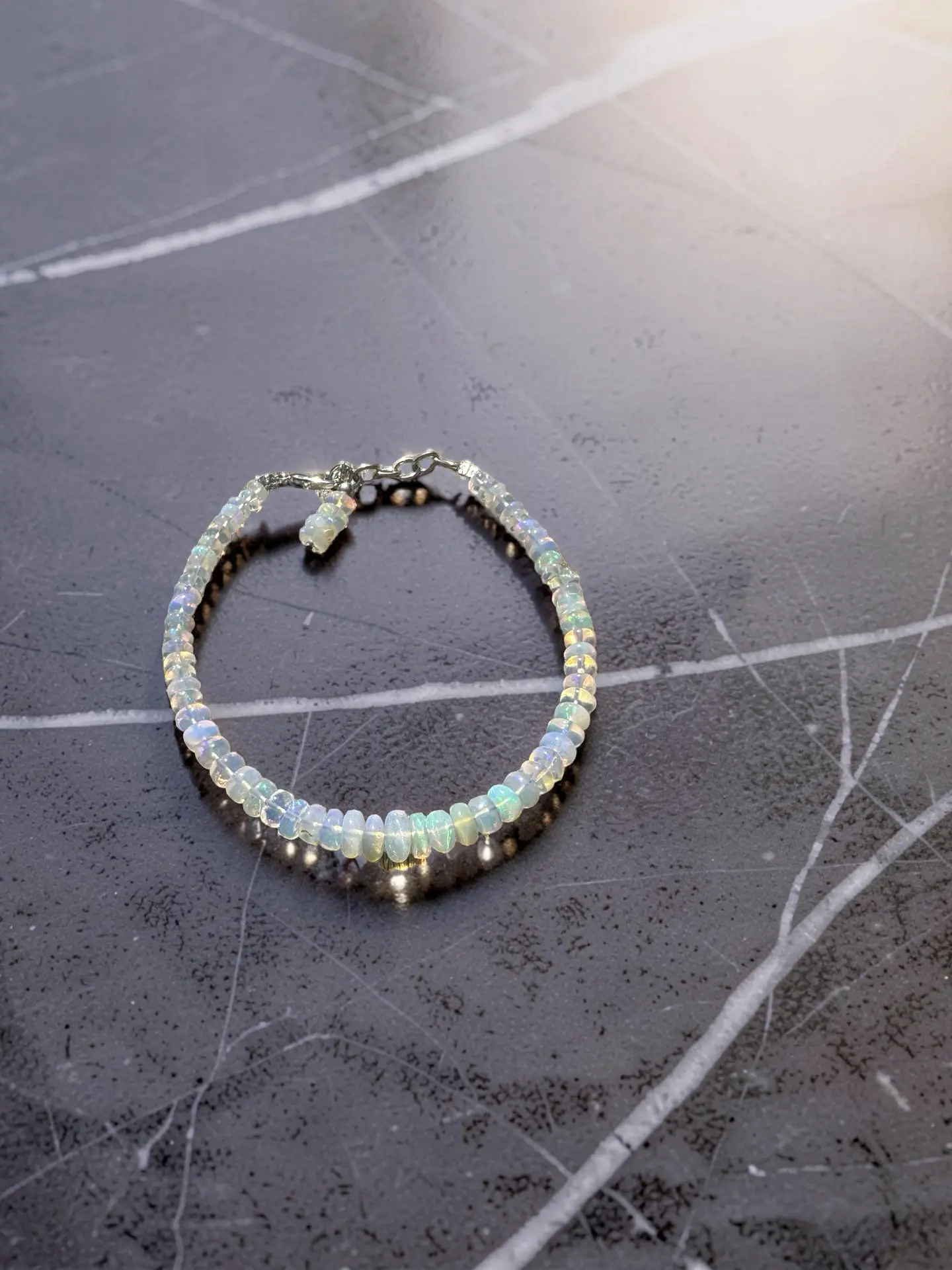 Natural Ethiopian White Welo Opal 7” Bracelet | Solid 925 Sterling Silver,  Rondelle Beads