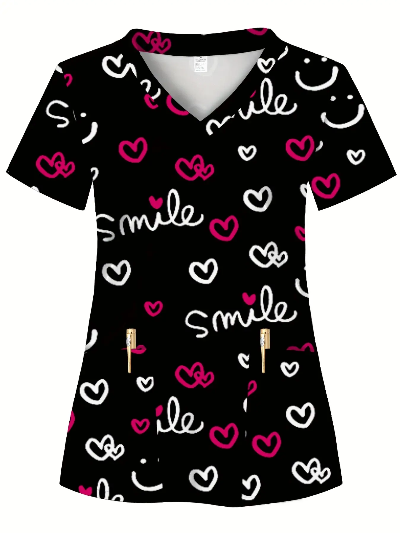 Women's Full-Body Print SMILE Design Scrub Top with 2 Pockets - Comfortable, Breathable, Practical Nurse Workwear Uniform for Hospital & Dental Clinic Professionals
