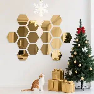 24 pieces of golden hexagonal mirror wall decoration, Decorative Decal - acrylic modern geometric wall sticker, Wall Art Stickers, easy to tear and paste, suitable for DIY home, wedding, party, holiday center decoration of walls, bedrooms, living rooms