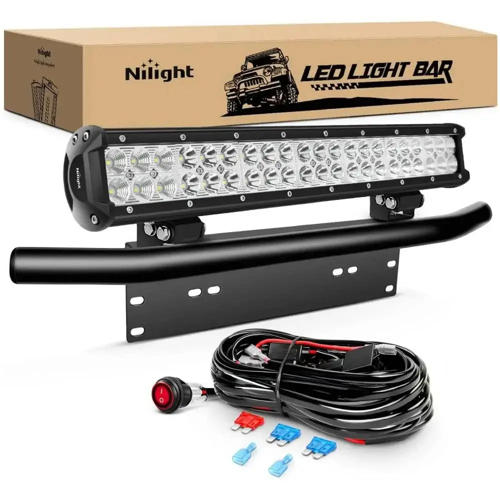 Nilight 1x20-in 126W Double Row Flood-Spot Mix LED Work Light Bar with 1xLicense Plate Mount Bracket, 16AWG Wire, 3-Pin Switch, Aluminum Diecast Housing, Side/Underglow Lights, 9-30V DC, -40~85°C, Waterproof, Illumination, Automotive Accessories, Side Lam