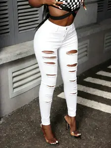 European Style White Ripped High Waist Jeans for Women Womenswear, Slim Fit Butt Lifting Skinny Pants, Y2K Streetwear Distressed Denim Trousers, All-Season Opaque White Jeans