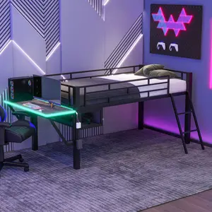 Bellemave Modern Twin Gaming Mid Loft Bed with Striped Wooden Desktop, Desk, LED Lights, Dual Monitor Arms, Adjustable Ergonomic Chair, Sturdy Metal Frame Base, Quick Setup