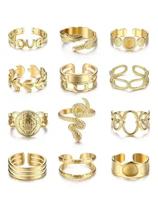 12 Pcs 18K Gold Plated Rings for Women, Stainless Steel Statement Rings Pack Interlocked Fashion Stackable Rings Stacking Boho Midi Rings Adjustable Open Ring Band Twisted Signet Rings Non Tarnish Gold Rings