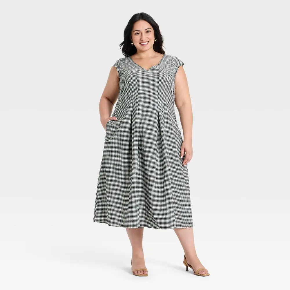 A New Day Women's Deep V-Neck Corset Midi Dress - Black/White Gingham