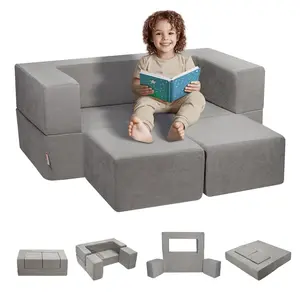 Summervibes VEVOR Kids Couch, 4Pcs Modular Kids Play Couch, Toddler Couch Sofa Bed, Kids Chair Seat Playroom Furniture, Child Sectional Sofa with Removable Cover for Kids Girls Boys, Grey