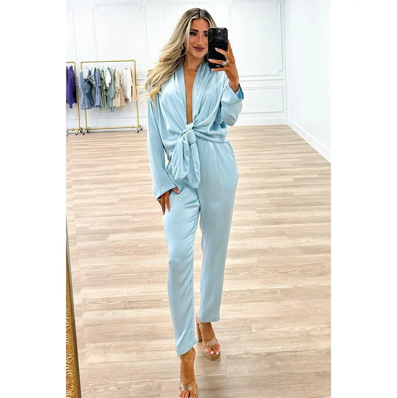 Mandy Plunging Satin Tie Jumpsuit: Light Blue