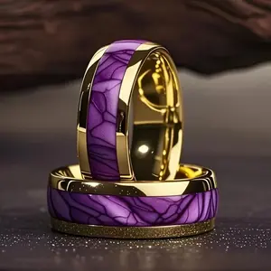 Purple Abalone Shell Inlay Rings, Fashion 8mm Gold Color Men Stainless Steel Rings for Men Women, Wedding Band Jewelry Gift