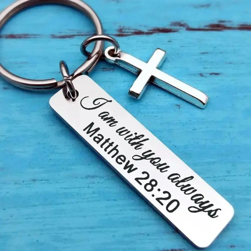 Stainless Steel Gothic Cross Keychain - Engraved Blessing Long Strip Pendant, Fashion Accessory for Backpack, Car