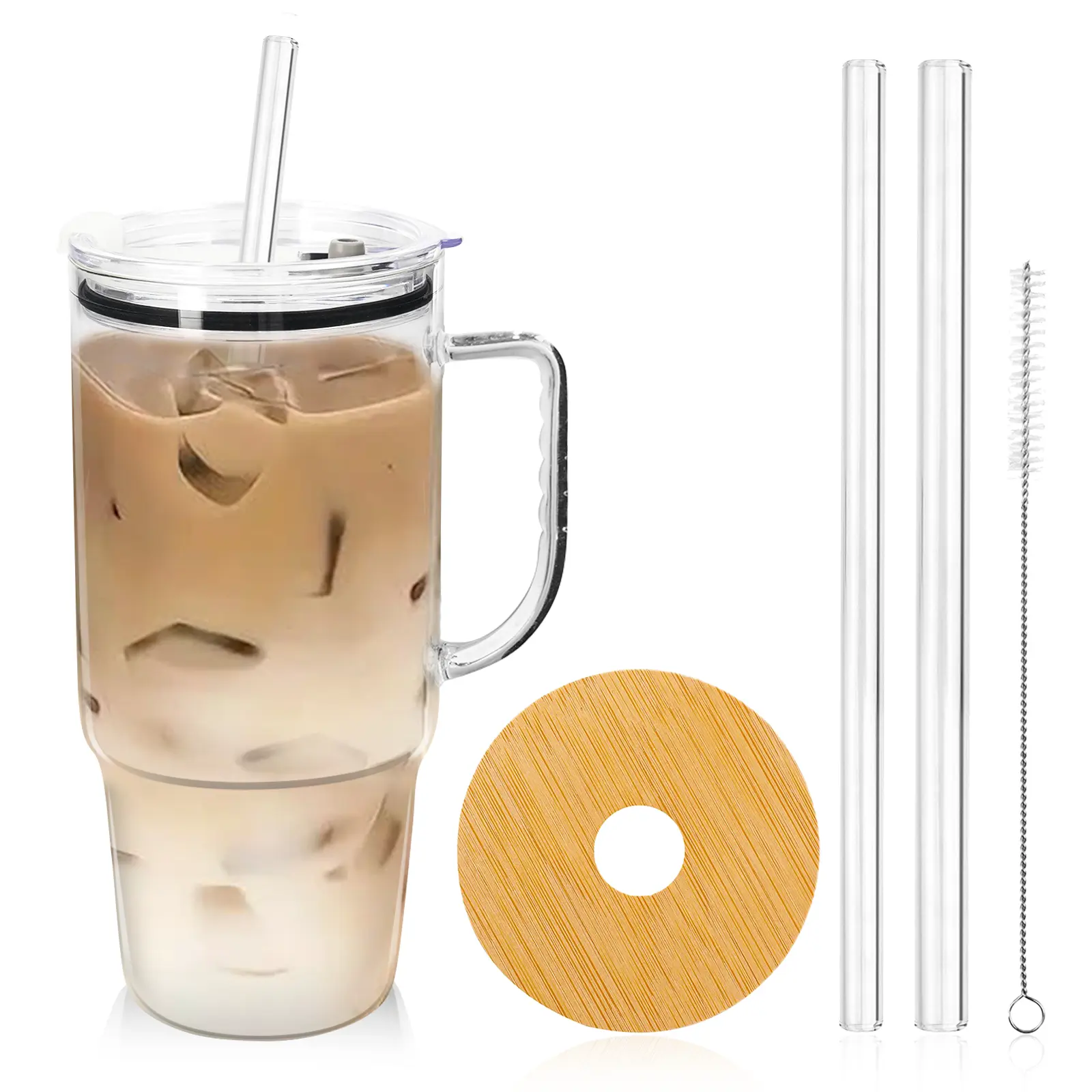 ONEHAUS 40oz BPA-Free Classic Durable Extra Large Portable Tumbler Set - High Borosilicate Glass Reusable Water Bottle, 2 Straws, Dual Leakproof Lids, Washable Straw Brush, Fit for Hot & Cold Beverages, Hydrogen Infused, Ideal for Commute