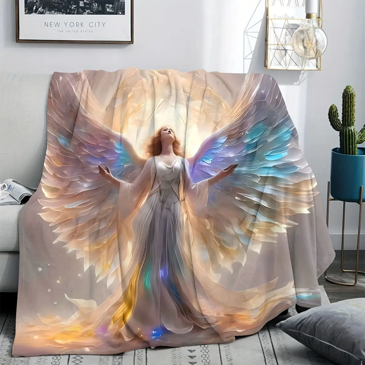 1pc Angel Wings HD Digital Print Flannel Throw Blanket - Soft, Cozy, Warm Non-Woven Fabric for Couch, Bed - Home Decor Tapestry Gift for Friends