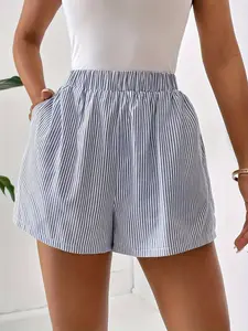 Women's Striped Print Pocket Elastic Waist Shorts, Casual Comfy Wide Leg Shorts for Summer, Fashion Women's Bottoms for Daily Wear, Casual Relaxed Shorts, Casual Street Shorts, Elastic Waistband Shorts