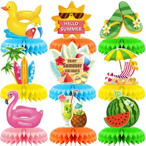9Pcs Summer Beach Party Honeycomb Centerpieces, 3D Tropical Table Decorations for Pool Party, Luau Birthday Decor, Hawaiian Party Supplies, Summer Table Toppers for Party, Watermelon Sun Coconut Elements