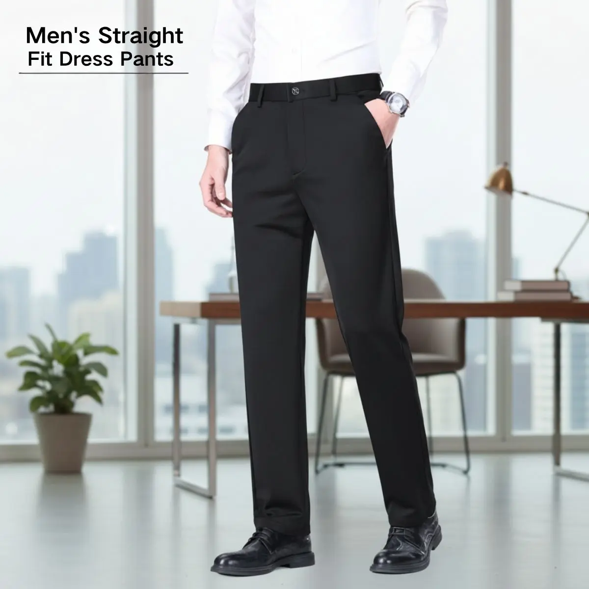 Men's Wrinkle-Resistant Stretch Dress Trousers - Aesthetic, Contemporary, Casual, Flex, Easy-Care, No-Iron, Plain, Form-Fit Straight-Leg Menswear Pants for Formal Wear, Business Meetings, Aesthetic Men's Pants, Contemporary Men's Pants
