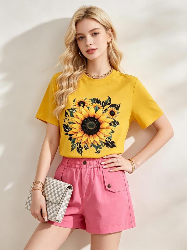 Women's Fitted Cut Cropped Floral Sunflower Print Short-Sleeve Round Neck H-Type Backless Cotton Top - Soft Fabric, Vibrant Touch Summer Wear, Use Detergent Below 45°C, Valentine's Day Outfit