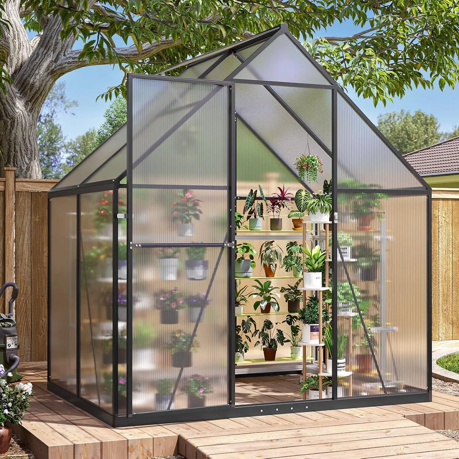Aoxun 4x6 FT Rectangle Outdoor Metal Greenhouse, Polycarbonate Cover with Aluminum Frame, Walk-in Design with Adjustable Vented Roof Window, Lockable Door, Ground Nails, Quick-Installation, 30-Day Happy Home Guarantee for Garden Backyard, Temperature Cont