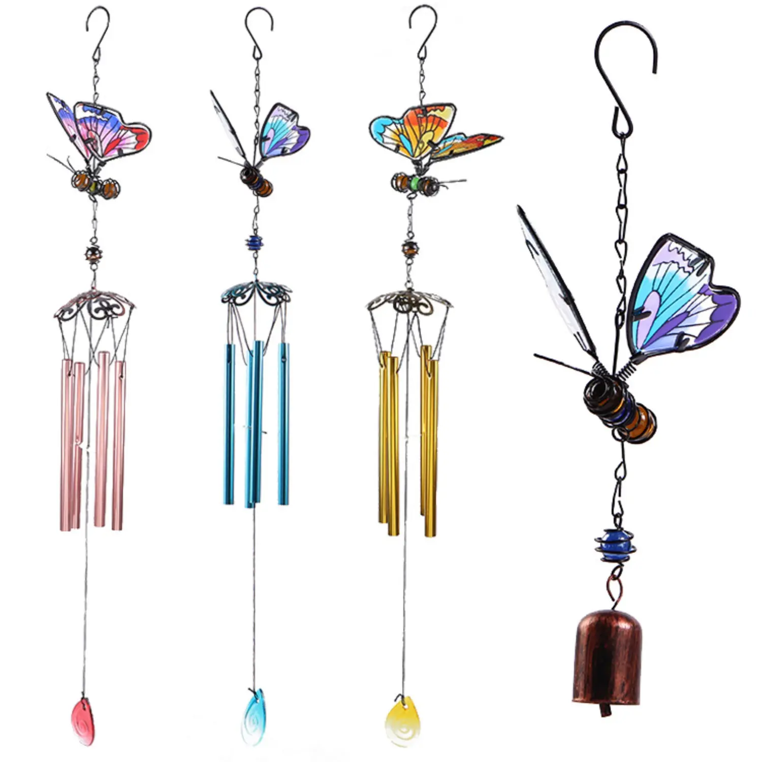 Bohemian Butterfly Decorative Wind Chime, Painted Metal and Glass Art Hanging Ornament for Outdoor Garden and Patio Decor, Outdoor Decor, Metal Wind Chimes, Bohemian Art, Creative Painted