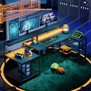 Bestier 71 inch L-Shaped Gaming Desk with Power Outlets LED Computer Office Table with Monitor Stand & Storage Shelf in Carbon Fiber Black