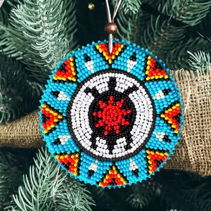 Blue Turtle Handmade Beaded Patch Necklace – Native American-Inspired Pendant, Unisex, Adjustable, Tribal Boho Jewelry for Men & Women