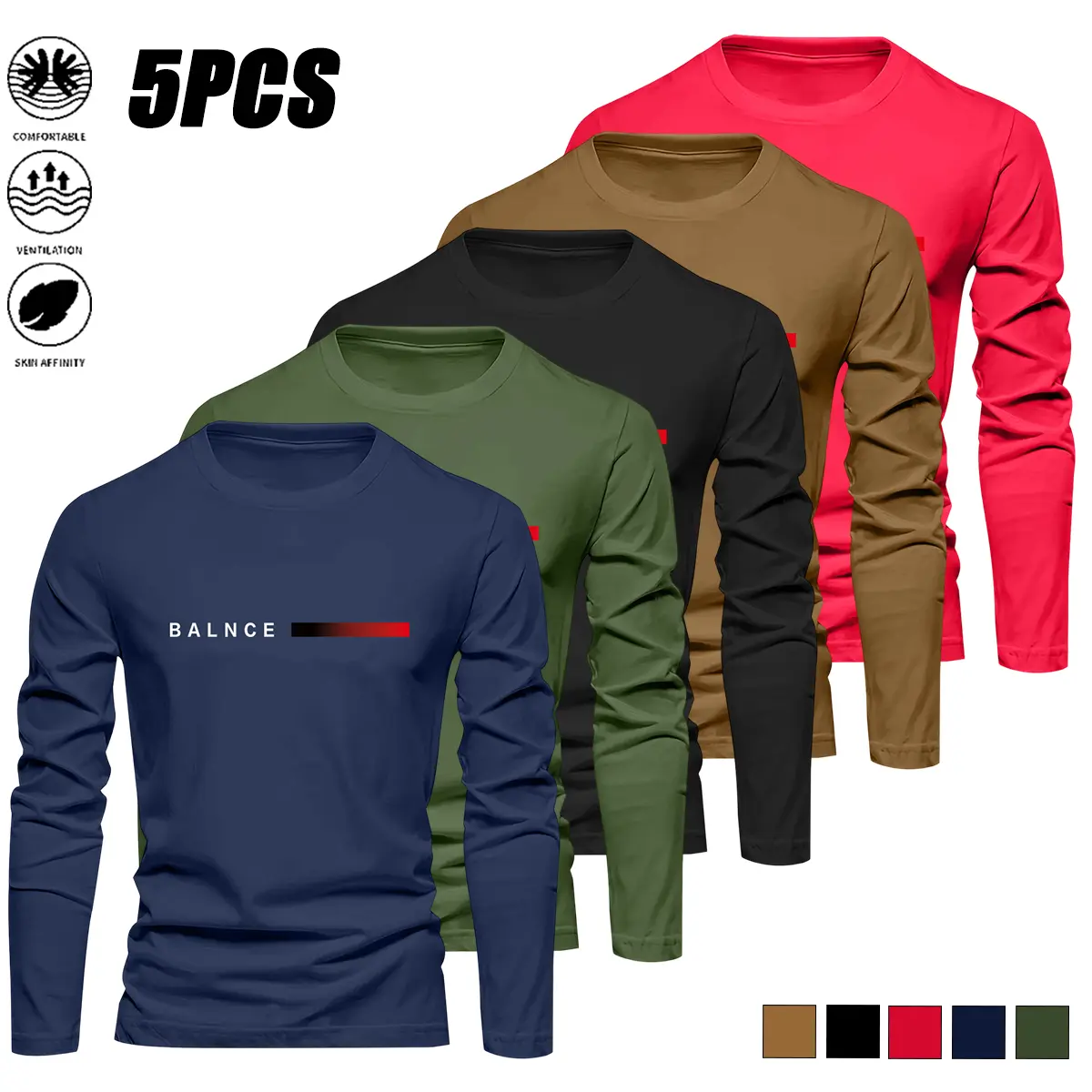 5 colors, 5-piece set; men’s long-sleeve crewneck athletic tops; classic solid-color men’s tops; fitness sportswear; casual outdoor sportswear; shaping fitness wear