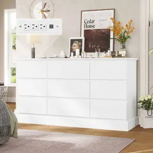 Sikaic 61.4 Inches Dresser with 9 Drawers & Power Outlets White Modern Chest of Drawers for Bedroom & Living Room Storage