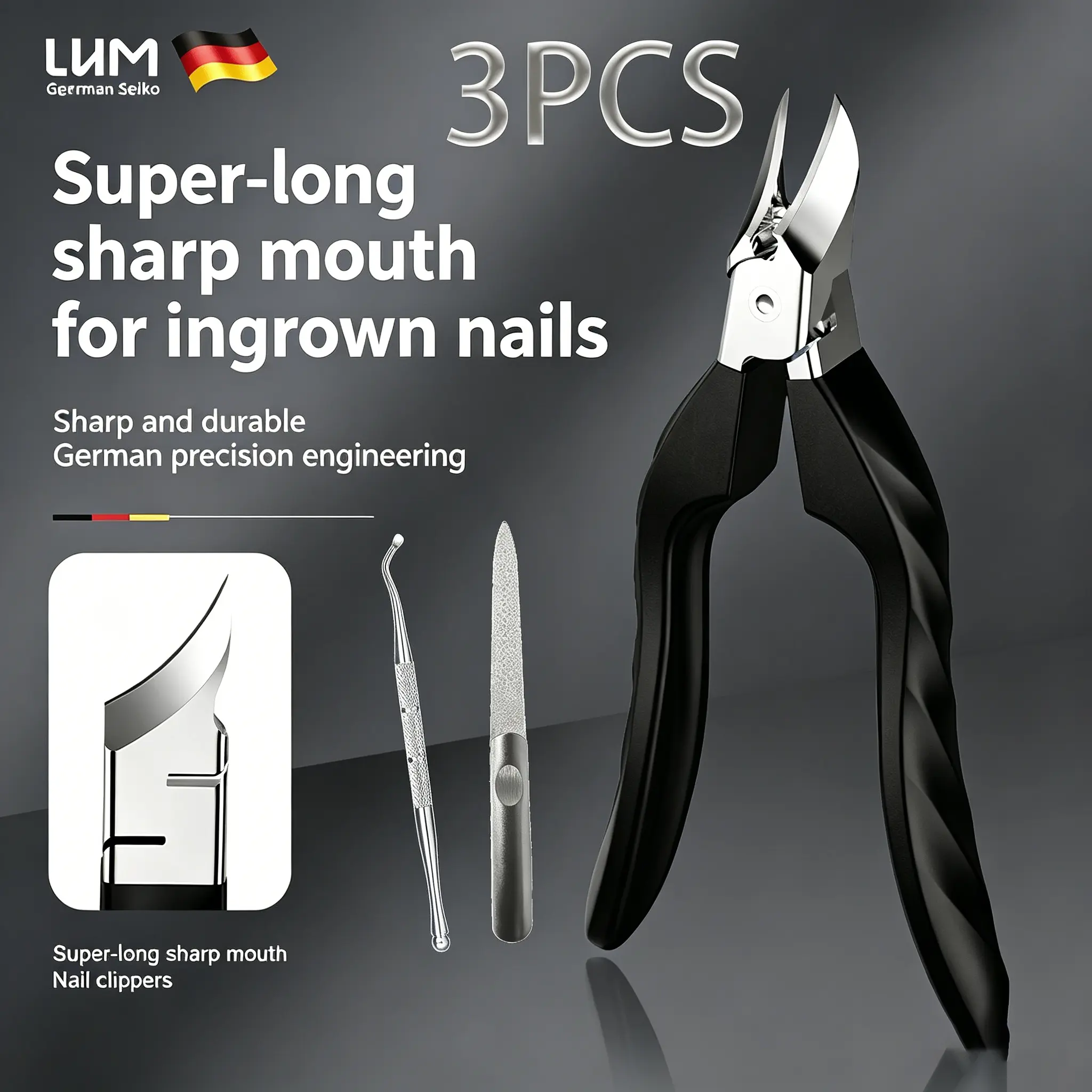 3Pcs Set Sharp 25°Bevel Ingrown Nail Clipper Heavy Duty Toenail Trimmer Anti Pinch Stainless Steel Pedicure Tool for Thick Nails