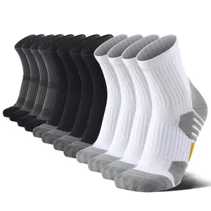 6 Pairs Men'S Mid-Calf Athletic Socks, 9-12 Size, Quarter Stockings with Arch Support, Moisture-Wicking, Breathable, Towel Bottom, Cushioning Shock Absorption, Soft and Comfortable, Black, White, Gray, Geometric Pattern, Fitness Training Socks