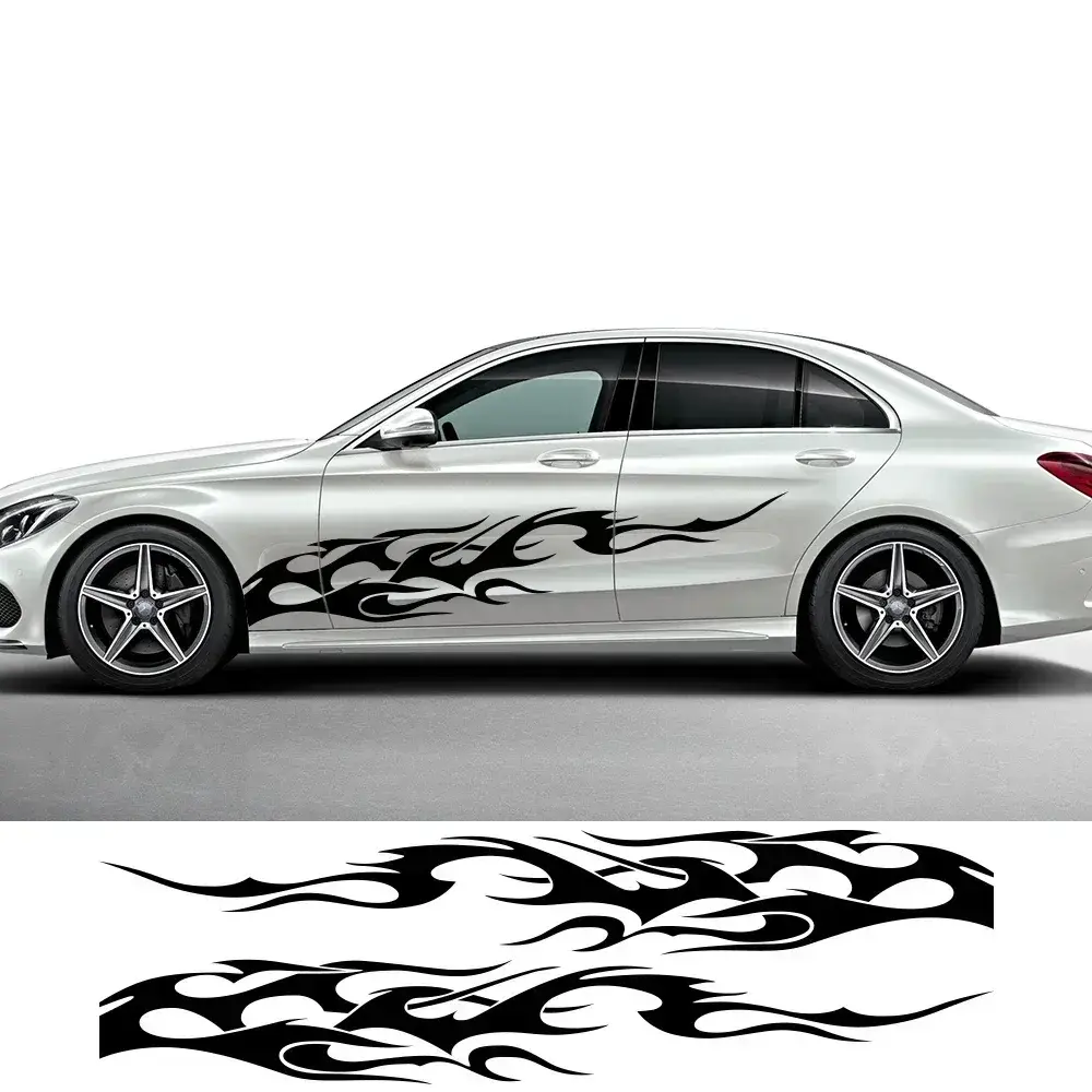 2Pcs Universal Vinyl Flame Graphics Car Body Side Stickers Flame Sports Racing Stripe Decorations Suitable For All Cars SUV