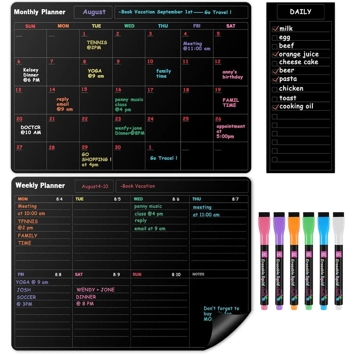 Fridge Black Whiteboard Calendar Set(3-Pack),1 Pcs  Weekly Board and 1 count Refrigerator Planner Calendar,1 Pcs List and 6 Markers,Reward Chore Chart for  Multiple  Teens Adults Family