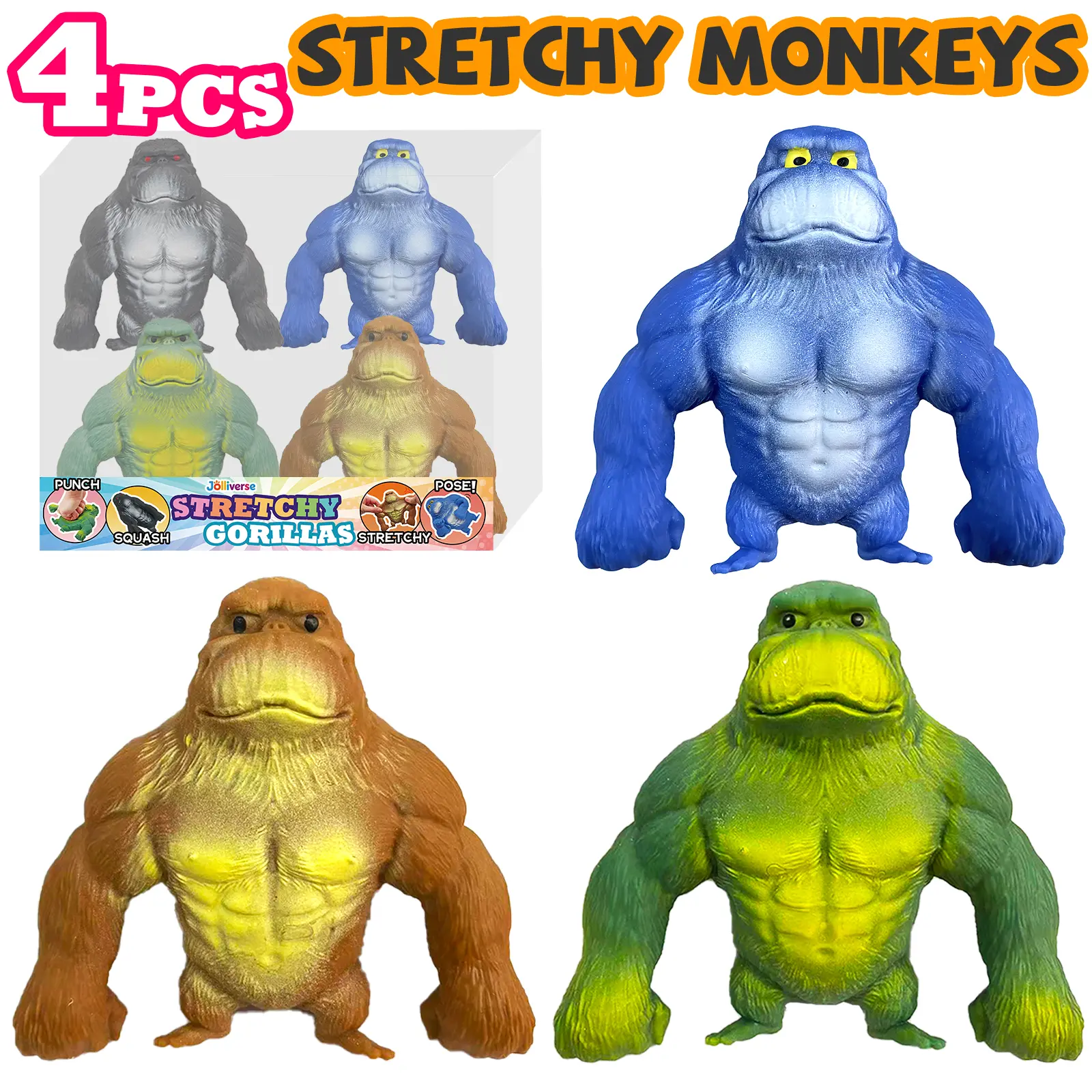 Stretchy Squishy Funkee Monkee Mega Gorillas - Squeeze Monkeys For Stress Away - Stress Relief Silicone Sensory/Fidget Collectible Stretch Taba Squishy Toys Children's Holiday Party Gifts, Christmas, Halloween, Easter Basket Stuffing, Classroom Rewards.
