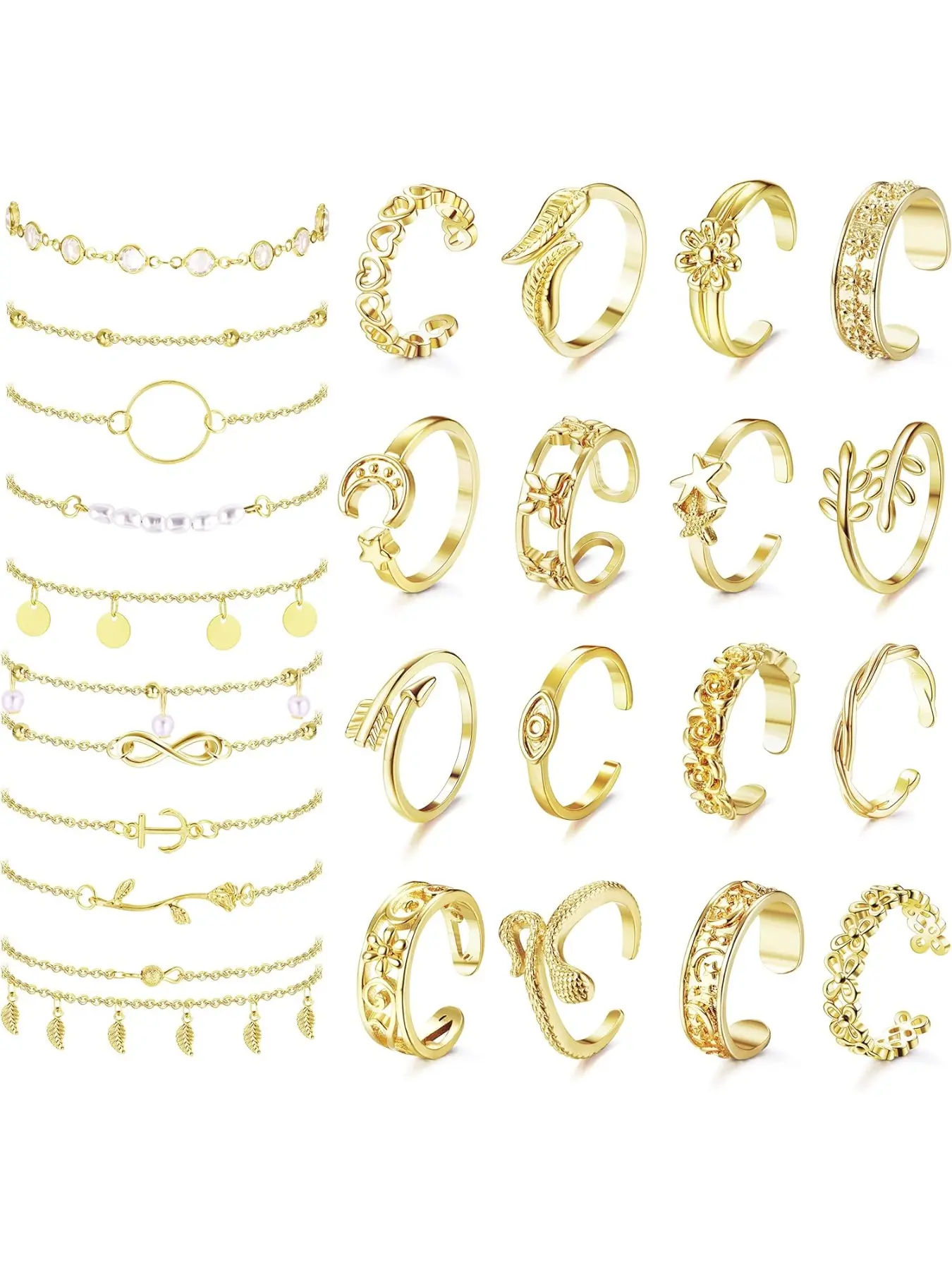 25pcs Anklets and Toe Rings for Women - Trendy Accessory Set, Jewelry Set - Silver & Gold Plated Layered Ankle Bracelets - Flower & Evil Eye Toe Rings for Summer Sandals - Adjustable Foot Jewelry Set