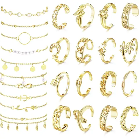 25pcs Anklets and Toe Rings for Women, Layered Ankle Bracelets, Flower & Evil Eye Toe Rings, Adjustable Foot Jewelry Set, Jewelry Gift Set
