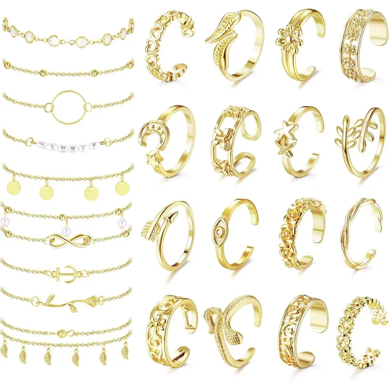 25pcs Anklets and Toe Rings for Women, Layered Ankle Bracelets, Flower & Evil Eye Toe Rings, Adjustable Foot Jewelry Set, Jewelry Gift Set