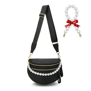 Spacious Checkered Plaid Checkerboard Crossbody Shoulder Bag with Pearl Chains Attached Bum Bag for Women Checkered Handbags Wallets Fanny Pack with Adjustable and Removeable Straps Checkered Nylon Crossbody All-match Fashion