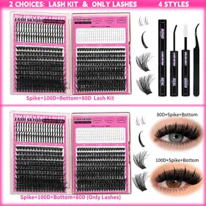 LASH SKYQD 512pcs 4 Styles D Curl False Eyelash Cluster Kit, Bottom/Spike/100D/80D Volume Lash Extensions Kit With Lash Bond and Seal Tweezers, Perfect for Beginners & Proficient, DIY at Home Easily, Easy Apply for Makeup Daily Lashes Kit