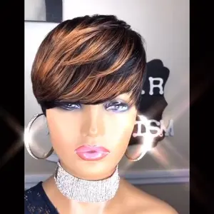 ShowRealHair 9149 Ombre Blonde Color Pixie Cut Wig Honey Blonde Pixie Wigs for Black Women Short Layerd Short Wigs With Bangs Brazilian Virgin Human Hair Pixie Cut Layered Wig