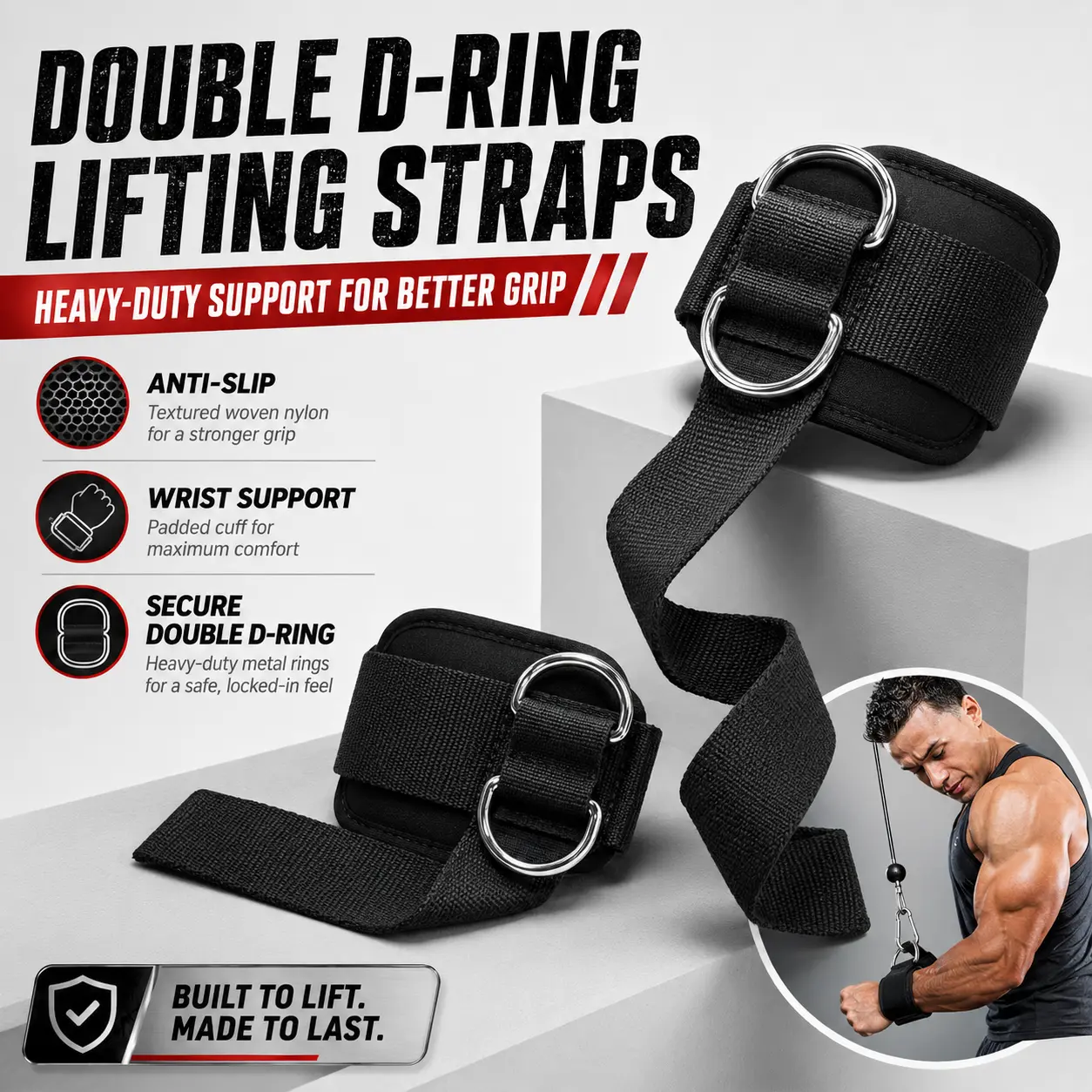 1 Pair Double D-Ring Weight Lifting Wrist Straps, Heavy-Duty Padded Wrist Support Cuffs with Anti-Slip Nylon, Adjustable Cable Machine Attachments for Pull Downs, Rows and Strength Training
