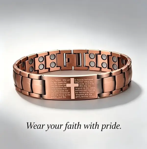 Male 99.99% Pure Copper Cross Motif Magnetized Bracelet & Bangle, Biblical Religious Classic with 3500 Gauss Strong Magnets, Adjustable Strap, Free Sizing Tool, All-Season Daily Wear Fashion Jewelry