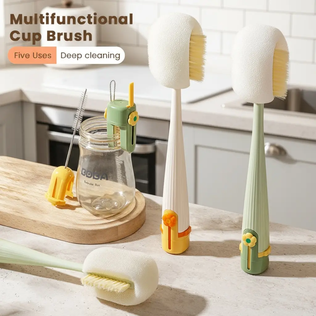 5-in-1 Multifunctional Bottle & Straw Cleaning Brush - Sports & Camping Kitchen Tool for Bottles, Cups, Straws (Cream White/Jasmine Green) - suhui