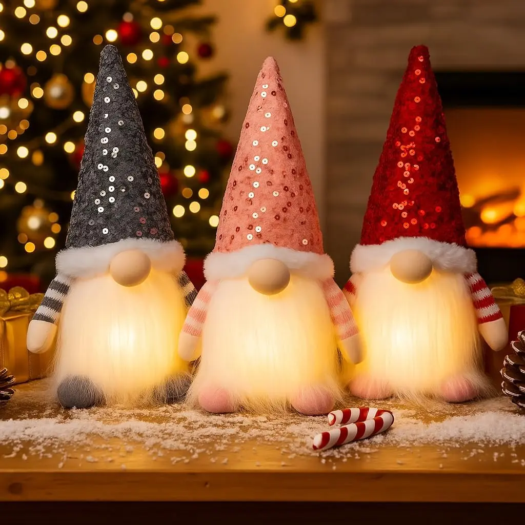 3PCS 12" Lighted Indoor Christmas Gnome Ornaments - Handmade Swedish Santa Gnomes Plush Decor, Cute Elf Gift for Xmas Table