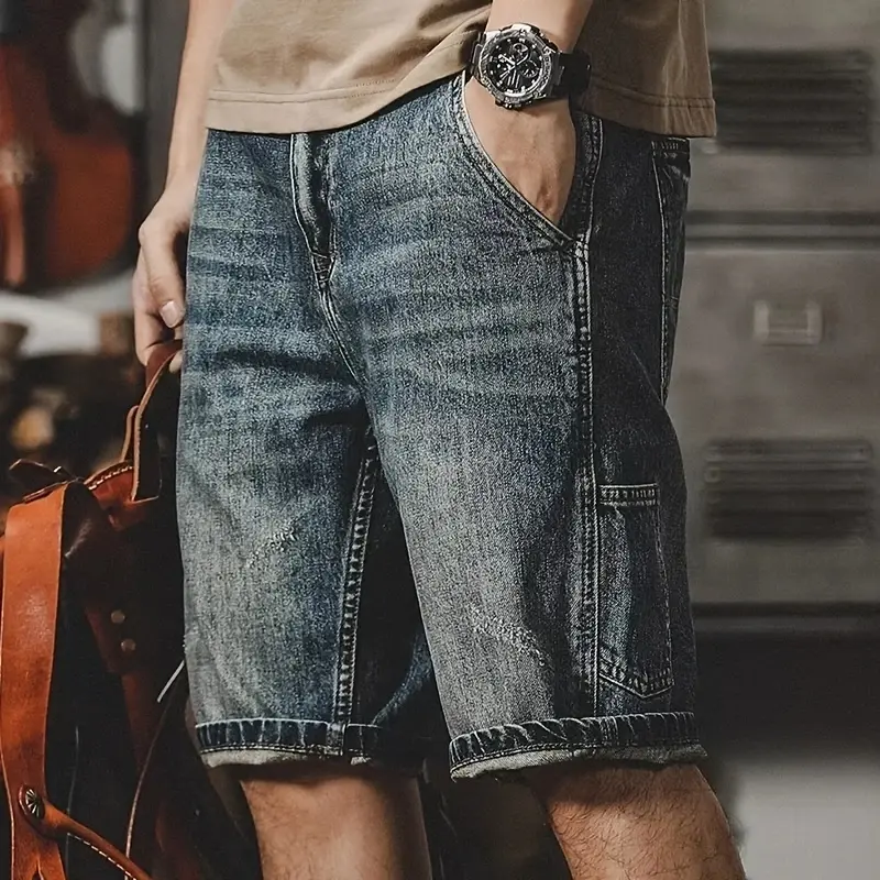 Men's Retro Style Mid Waist Denim Fabric Baggy Jorts, Loose Fit Workwear Shorts with Multiple Pockets & Button Closure, Basic Preppy Casual Streetwear for Summer