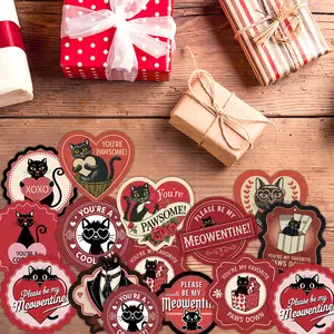 12pcs Cartoon Black Cat Valentine's Day, Romantic Love-Themed Decals Sticker Packs Crafts Cup Stickers for Water Bottle, Gift Box, Candy Bag & Party Favor Decor, Holiday Gift Wrapping Labels, Gift for Couples