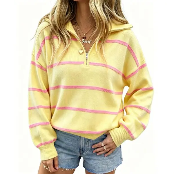 Fisoew Women's Color Block Striped Quarter Zip Sweater, Lapel Collar Drop Shoulder Long Sleeve Oversized Pullover Knit Top