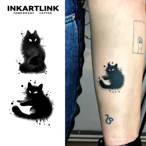 INKARTLINK Tattoo Tech, 2 Sheets Semi-Permanent Temporary Tattoos ,Black Cat,Adult Art Design,Lasts 1-2 Weeks, Waterproof, Realistic Look, No Adhesive, No Reflection,For Man And Woman,Ideal for Swimming, Party