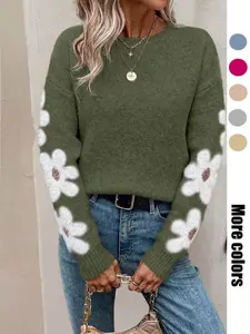 Women's New Loose Round-Neck Floral Pattern Long-Sleeve Pullover Sweater for Autumn and Winter, Elegant Casual Knitwear