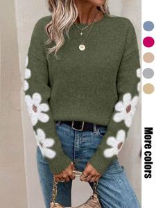 women's floral print drop shoulder sweater, casual long sleeve round neck jumper for fall & winter, fashion ladies' knitwear for daily wear